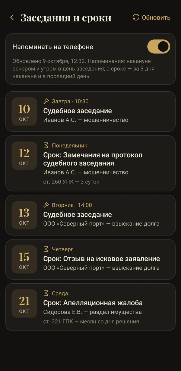 Заседания и сроки по всем делам: дата, время, дело, примечание