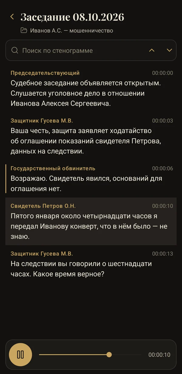 Стенограмма на телефоне: участники, тайм-коды, прослушивание с реплики
